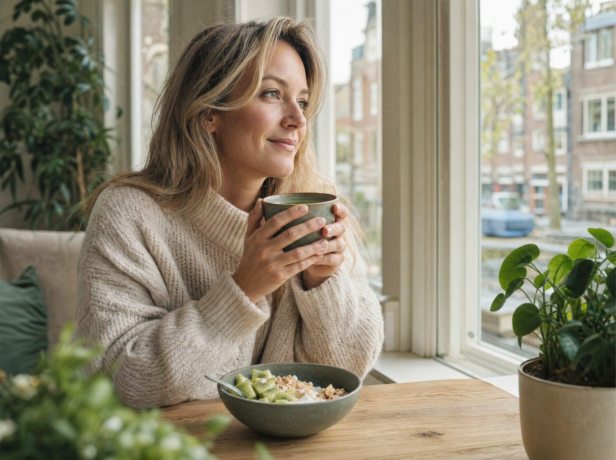 Glazen theepot met verse muntthee, gember en venkelzaad op een linnen tafelkleed