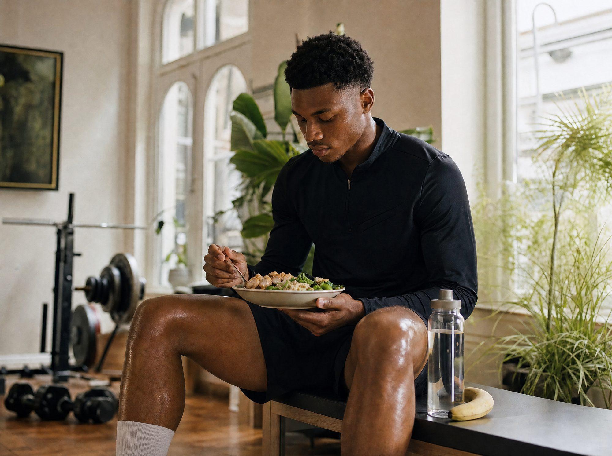 Bowl met kip, quinoa, groenten en avocado naast een dumbbell en een banaan